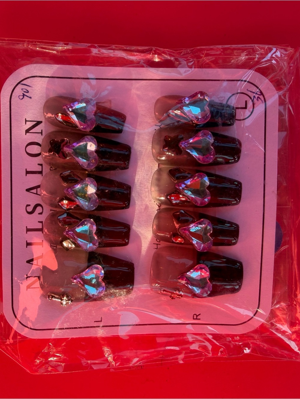 Black Press-On Nails with Pink Iridescent Heart Gems